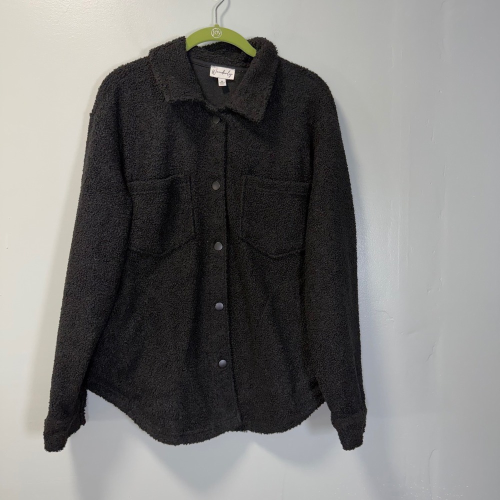 Wonderly Womens Black Sherpa Fleece Snap Button Front Shacket Jacket Medium